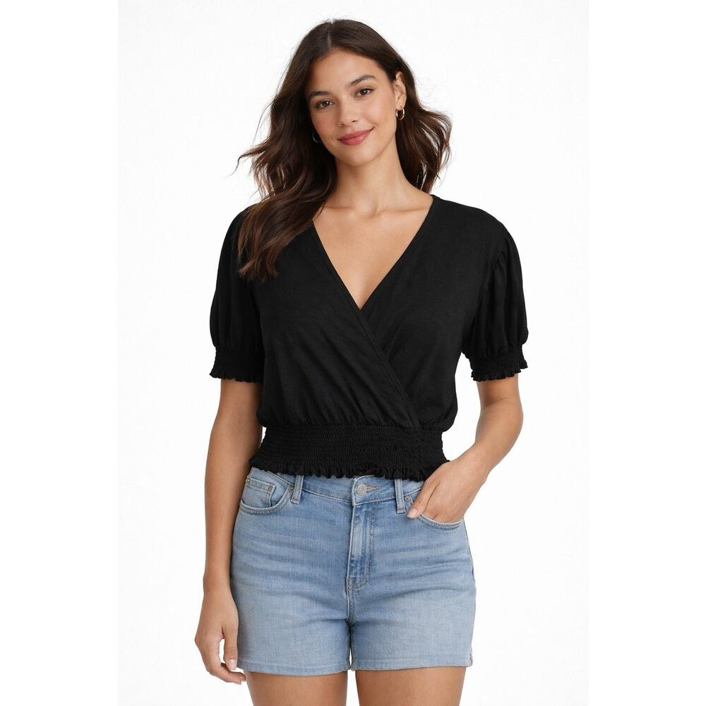 Goldie Tees Short Sleeve Crossover Smocking Top Black 100% Pima Cotton Womens Sm